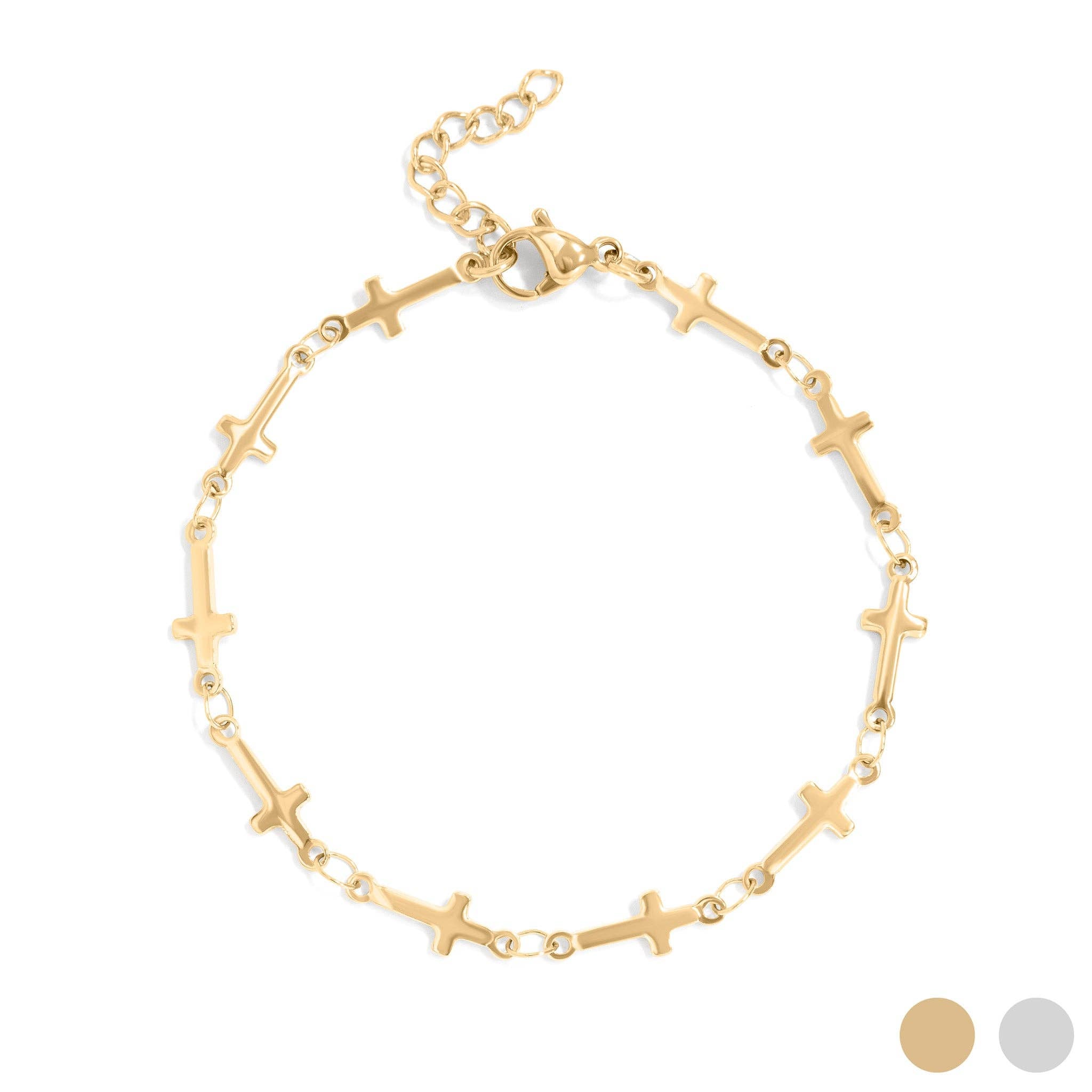 18K Gold PVD Stainless Steel Cross Chain Bracelet: Gold