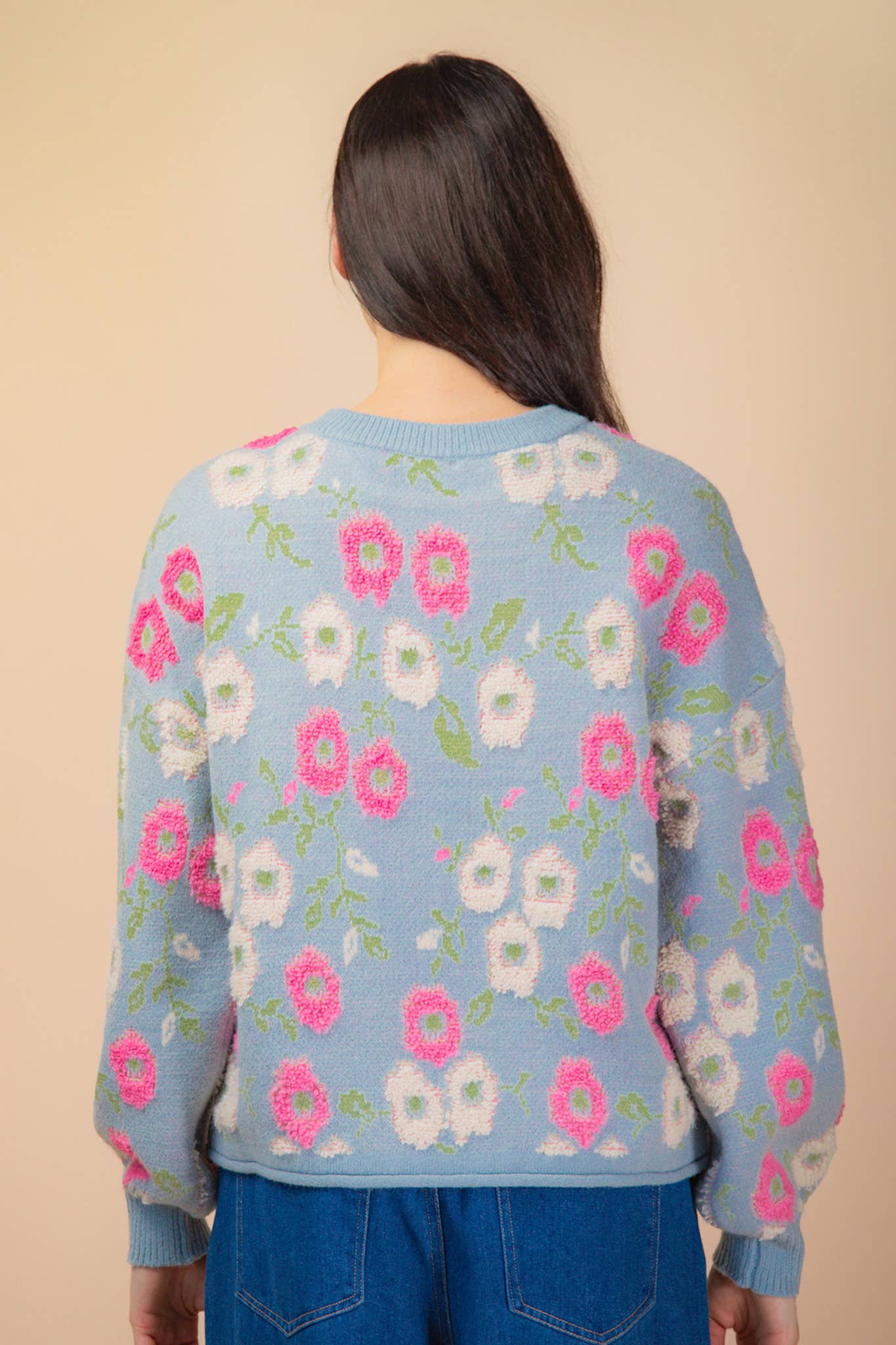 Oversized Floral Textured Printed Knit Sweater Top