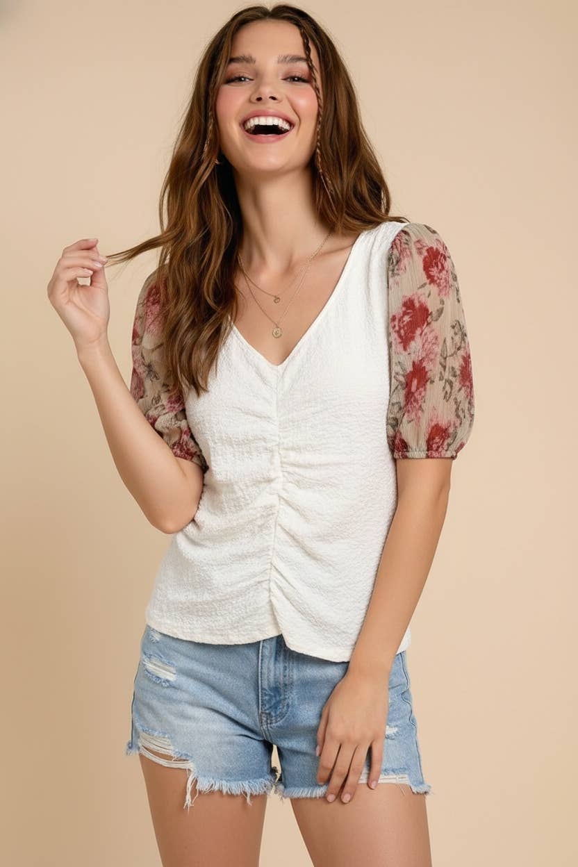 Floral Puff Sleeve Ruched Top