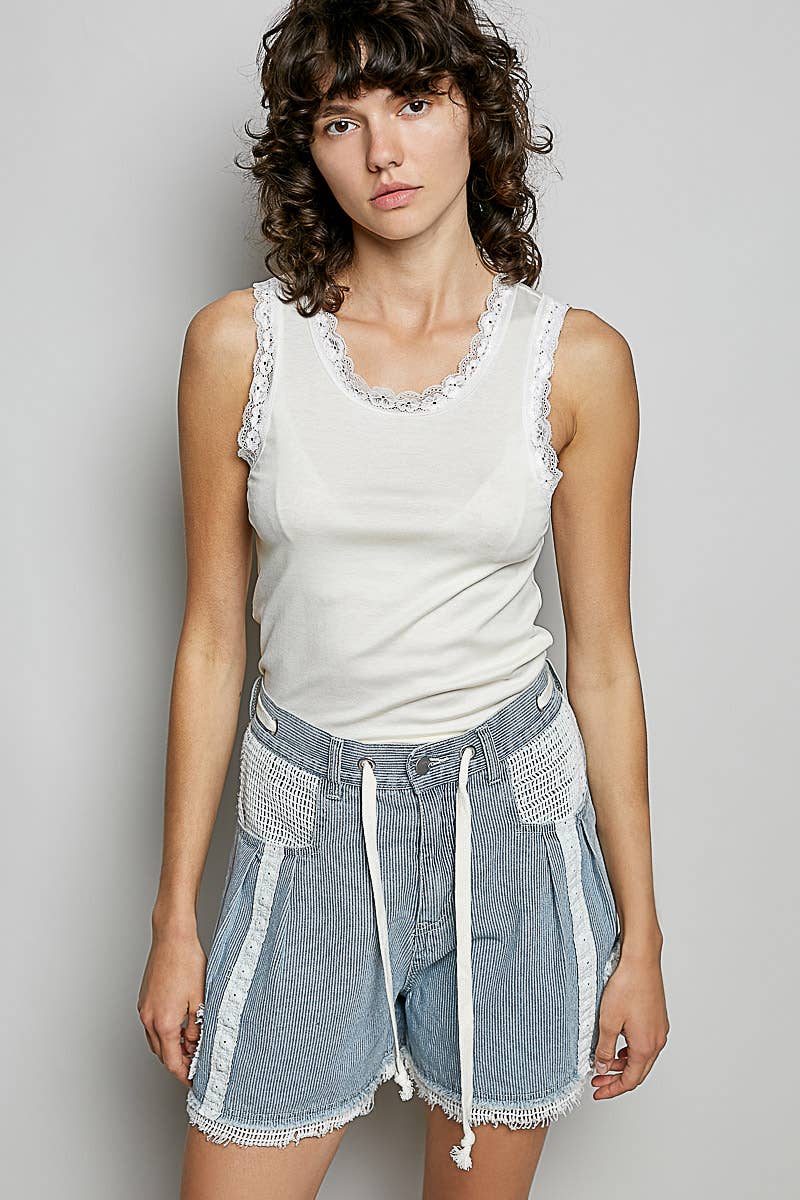 Vintage Washing Stripe Solid Crochet Patch Short Wide Pants: STRIPE DENIM / L