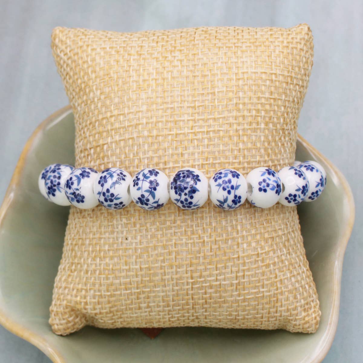 Vintage Blue & White Ceramic Bead Stretch Bracelet