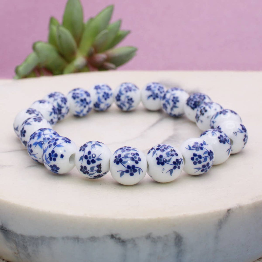 Vintage Blue & White Ceramic Bead Stretch Bracelet