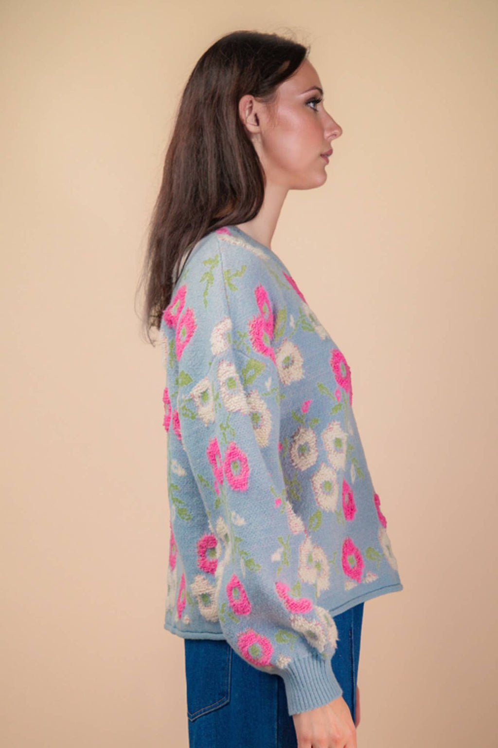 Oversized Floral Textured Printed Knit Sweater Top