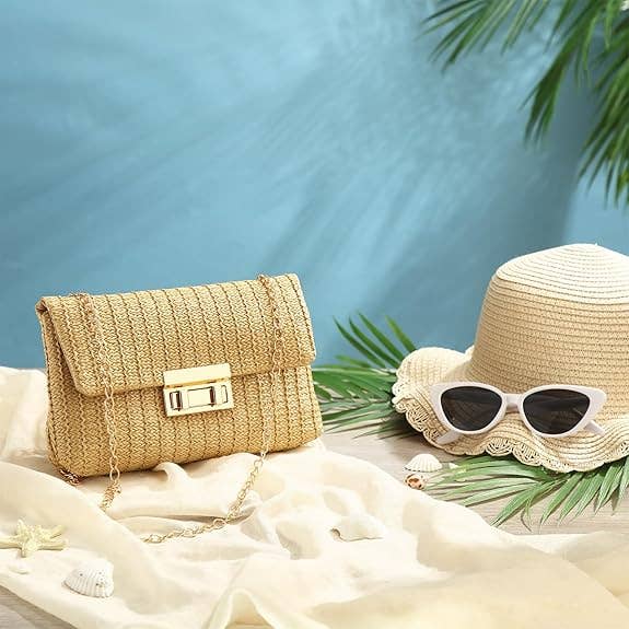 Straw Clutch Crossbody Bag & Retro Sunglasses Set