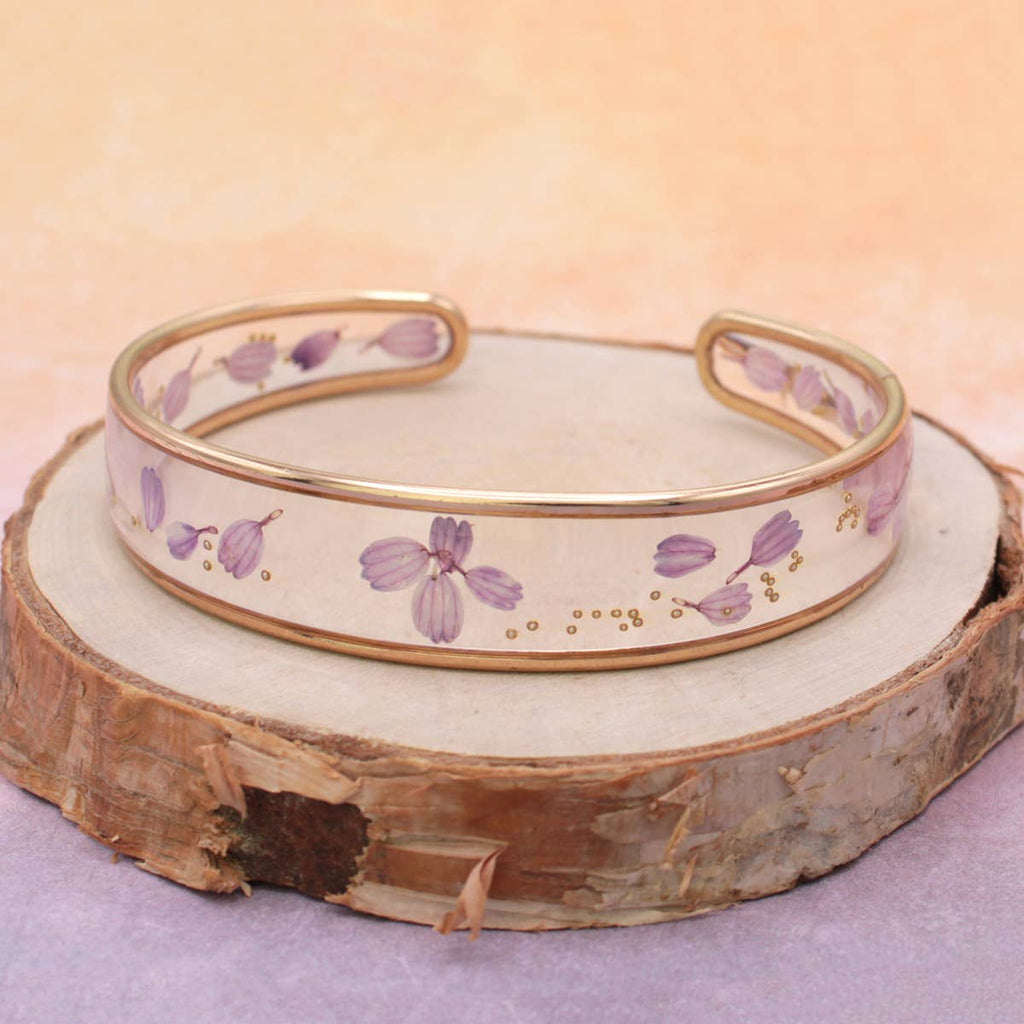 Purple Dried Flower Gold Cuff Bracelet