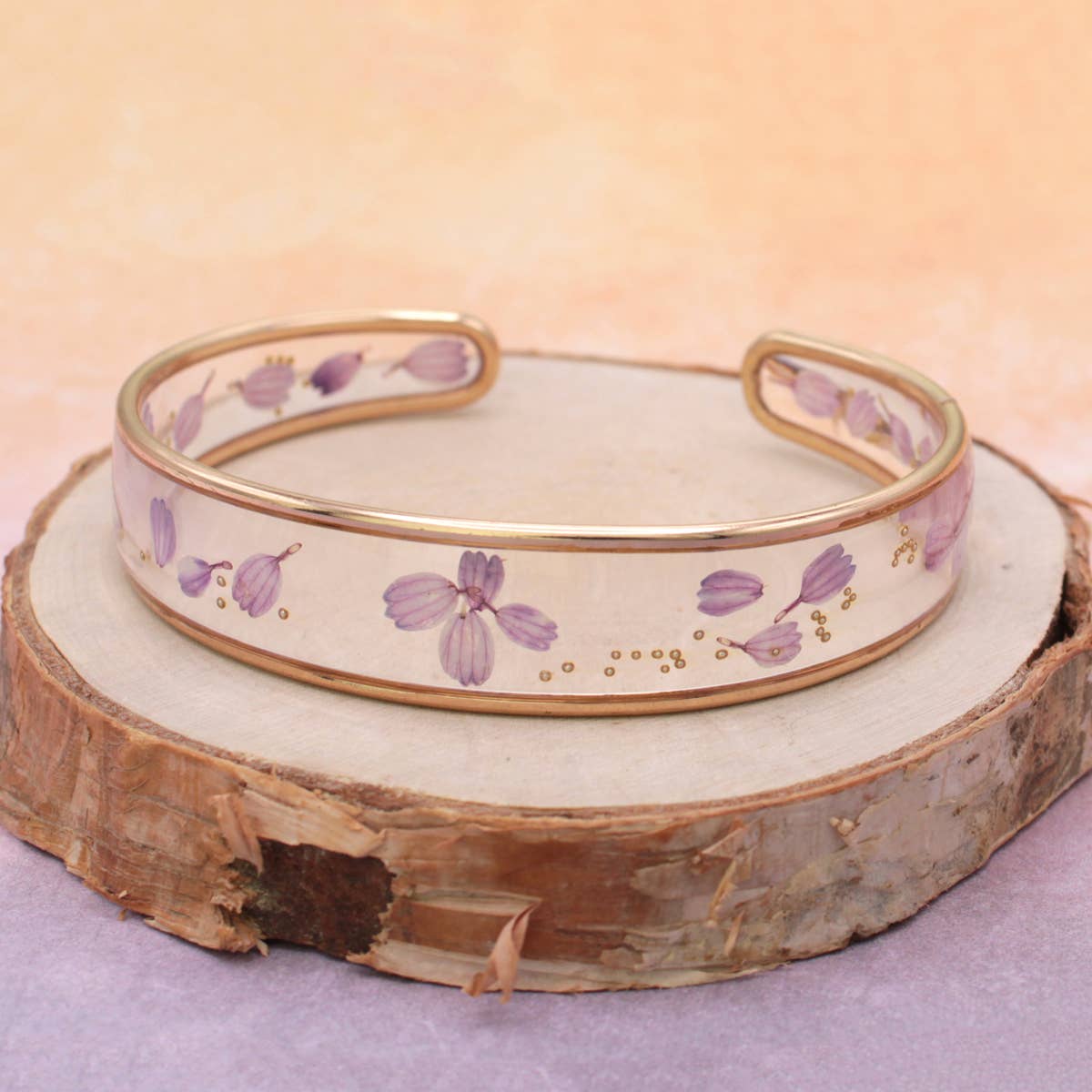 Purple Dried Flower Gold Cuff Bracelet