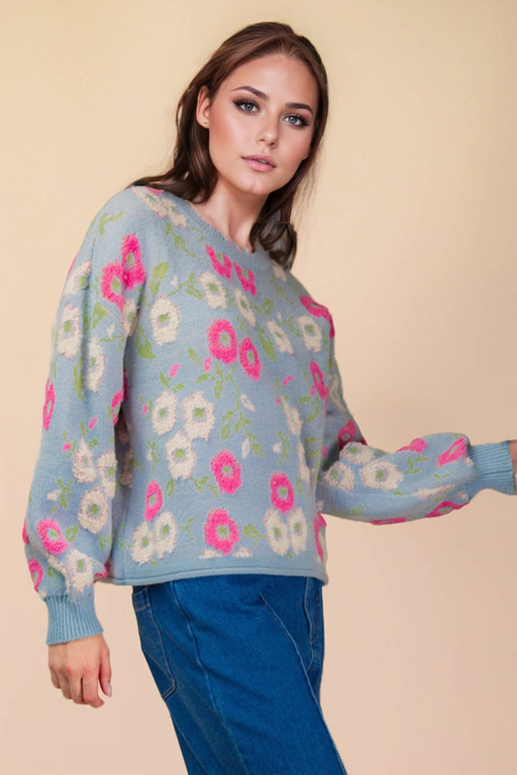 Oversized Floral Textured Printed Knit Sweater Top