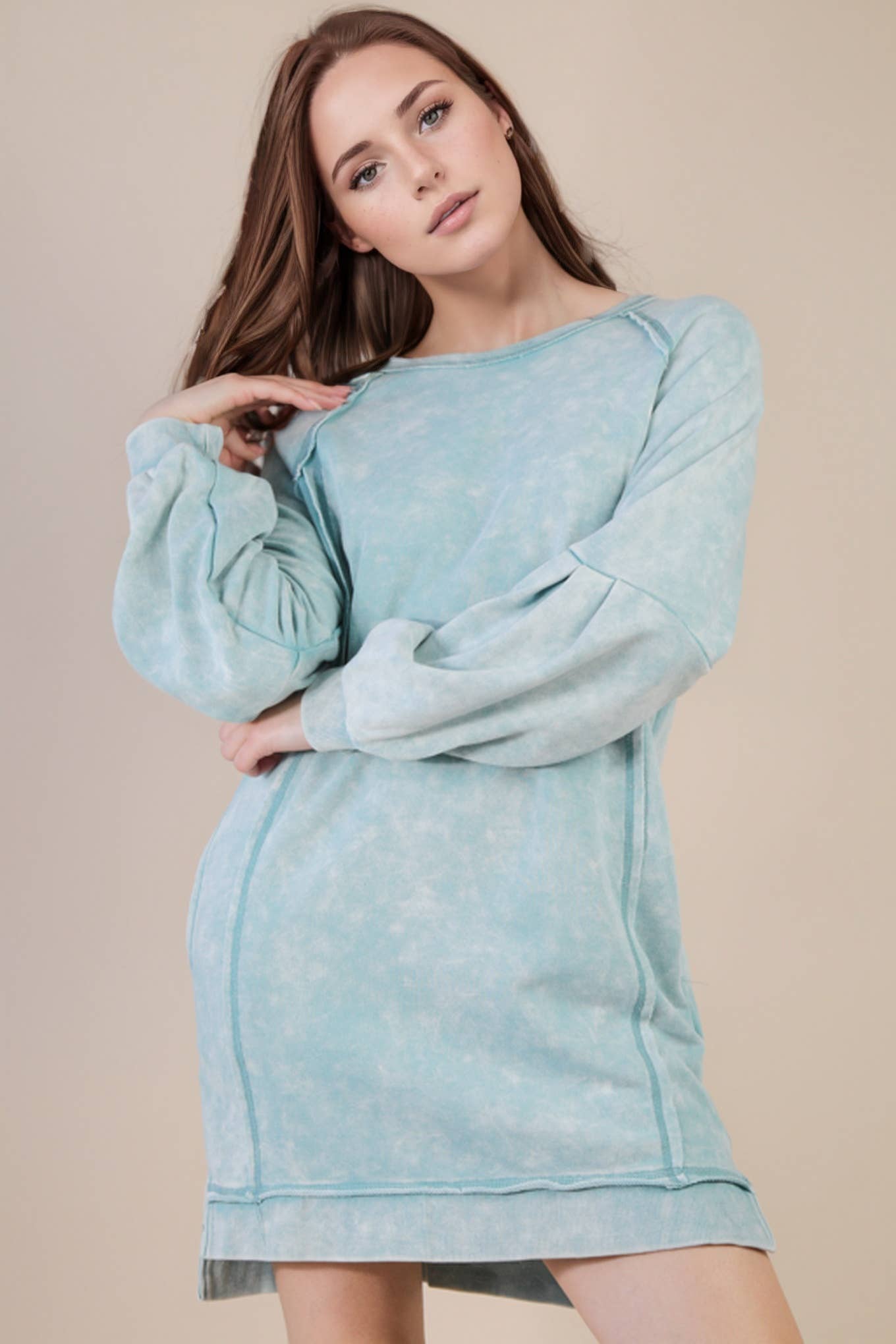 Mineral Washed Raglan Sleeve Casual Mini Dress