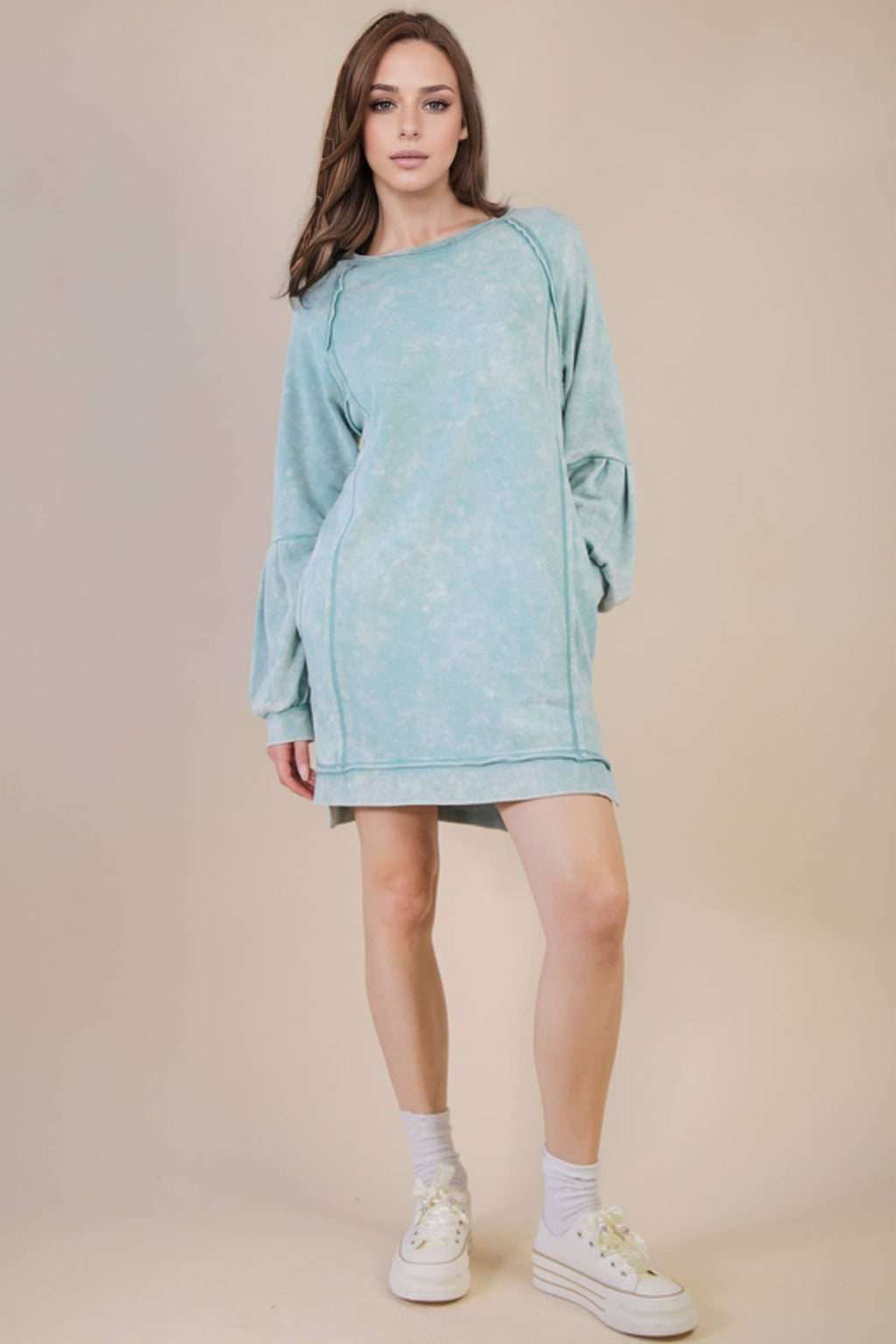 Mineral Washed Raglan Sleeve Casual Mini Dress
