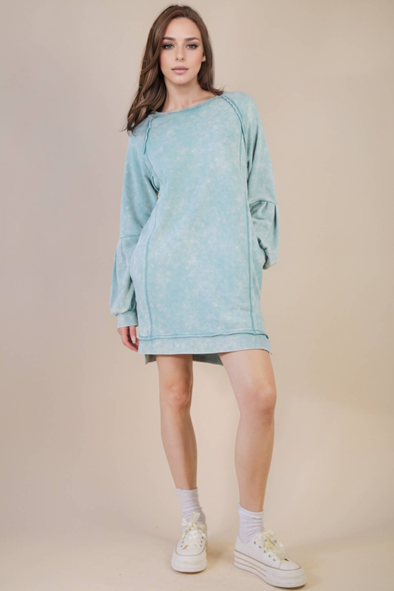 Mineral Washed Raglan Sleeve Casual Mini Dress