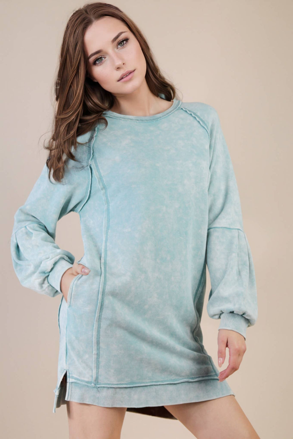 Mineral Washed Raglan Sleeve Casual Mini Dress
