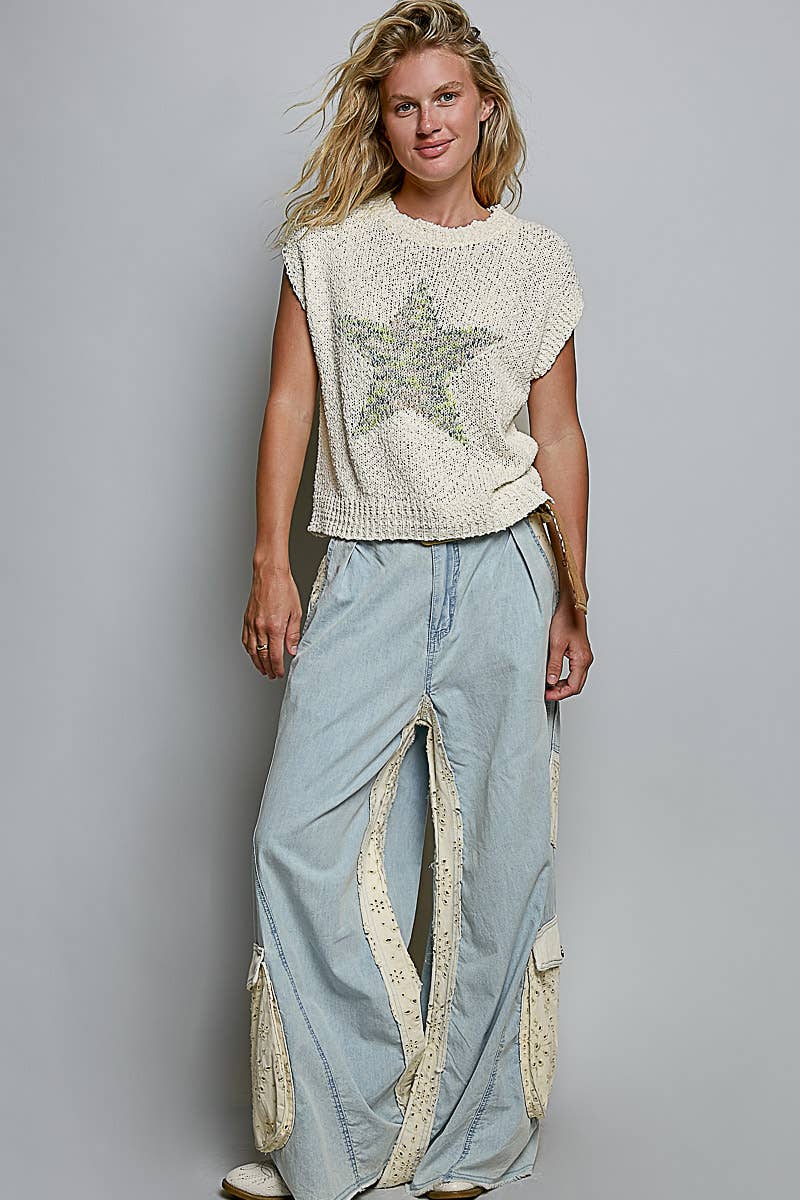 Popcorn Sweater Rib Band Star Print Sleeveless Top: CREAM / M