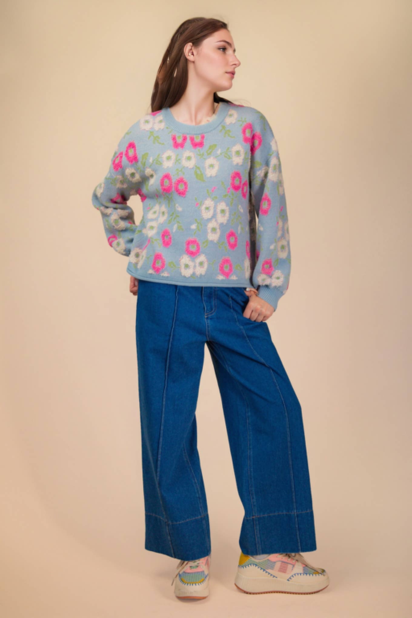 Oversized Floral Textured Printed Knit Sweater Top