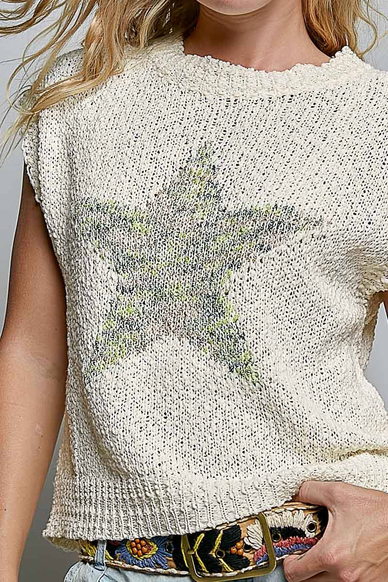 Popcorn Sweater Rib Band Star Print Sleeveless Top: CREAM / M