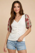 Floral Puff Sleeve Ruched Top