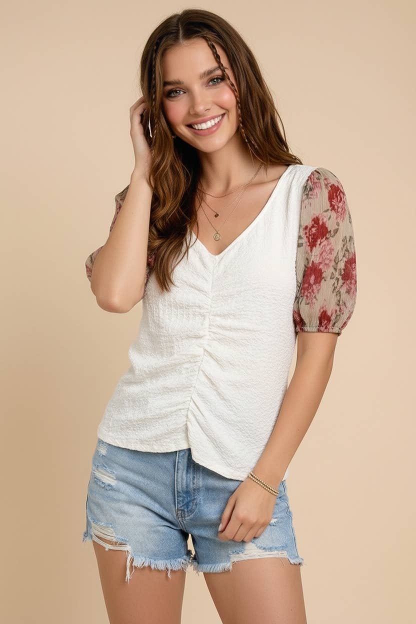 Floral Puff Sleeve Ruched Top