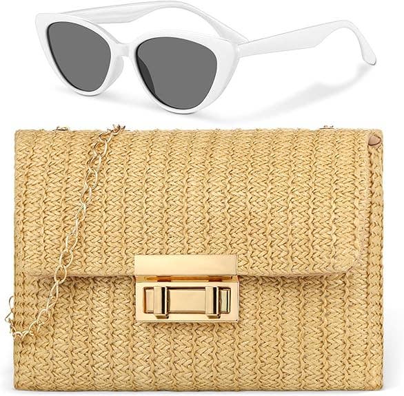 Straw Clutch Crossbody Bag & Retro Sunglasses Set