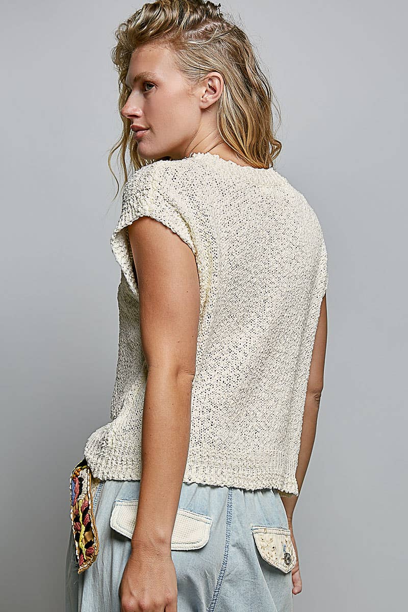 Popcorn Sweater Rib Band Star Print Sleeveless Top: CREAM / M