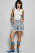 Vintage Washing Stripe Solid Crochet Patch Short Wide Pants: STRIPE DENIM / L